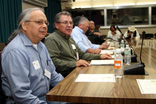 Darwin Hill, Chief of the Tonawanda Seneca Nation (left), Howard Thompson, Chief of the Mohawk Nation, discuss merits of the UN Declaration on the Rights of Indigenous Peoples. 